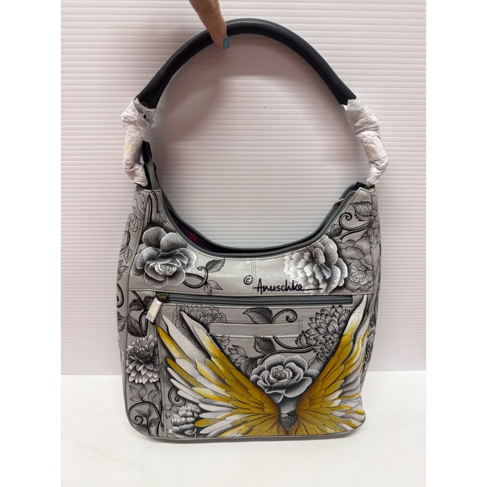 Anuschka Hand-Painted Leather Hobo PURSE w/ Coin Pouch $299.00 GUARDIAN ANGEL - Picture 7 of 13